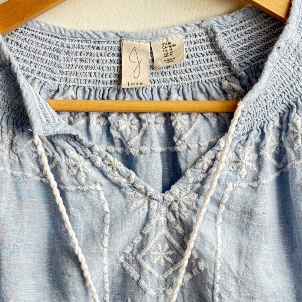 Joie Blue 100% Linen Embroidered Peasant Blouse Tassel Tie Top Size Medium - Picture 5 of 9
